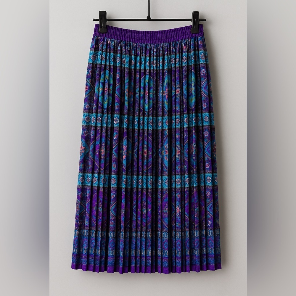 Vintage Three Flaggs Blue Purple Boho Accordion Pleated Midi Skirt EUC 16 #1092